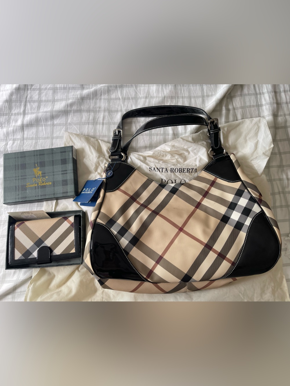Santa Roberta Bridal Beige Plaid Shoulder Bag with Black Trim